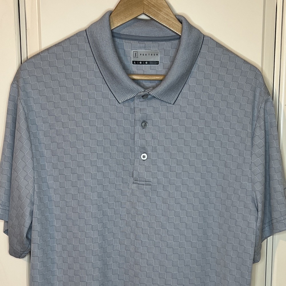 PGA TOUR Men's L Gray Geometric Breathable Short Sleeve Golf Polo Shirt